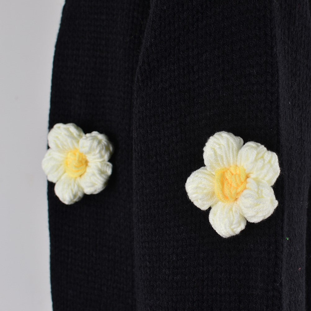 Crochet Flower Balloon Sleeve Open Cardigan - Black - 1