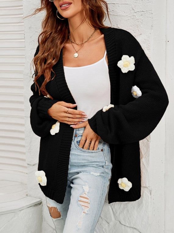 Crochet Flower Balloon Sleeve Open Cardigan - Black - 2