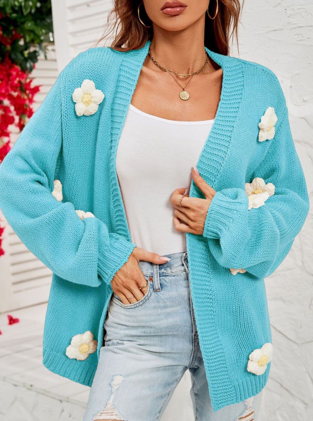 Crochet Flower Balloon Sleeve Open Cardigan - Blue
