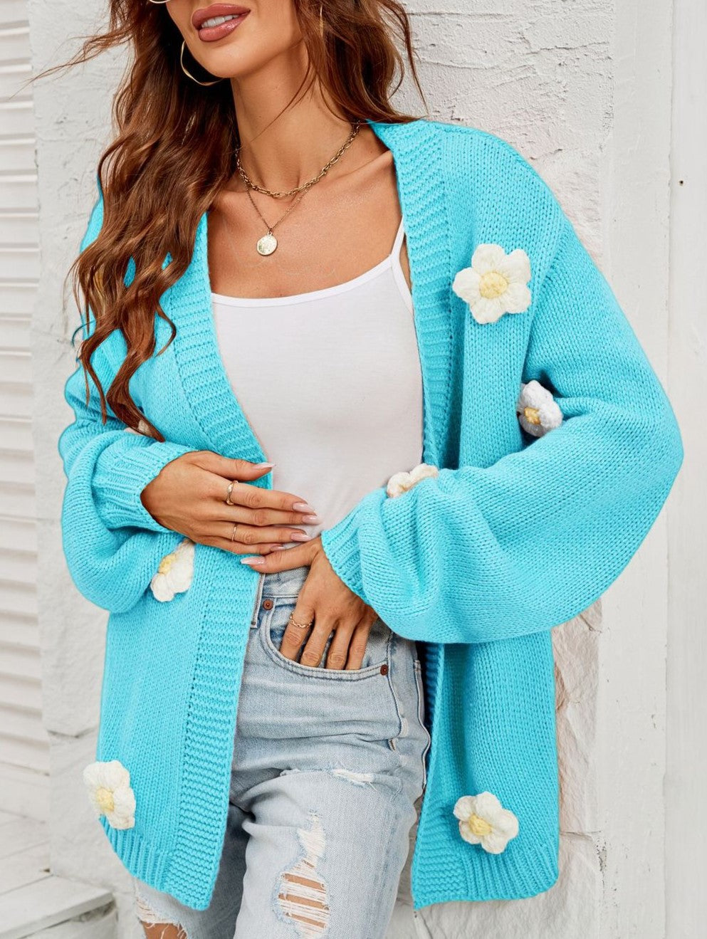 Crochet Flower Balloon Sleeve Open Cardigan - Blue - 1