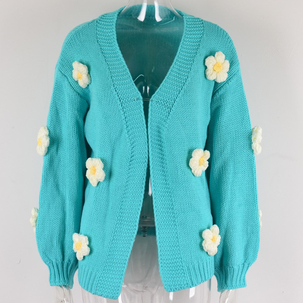 Crochet Flower Balloon Sleeve Open Cardigan - Blue - 2