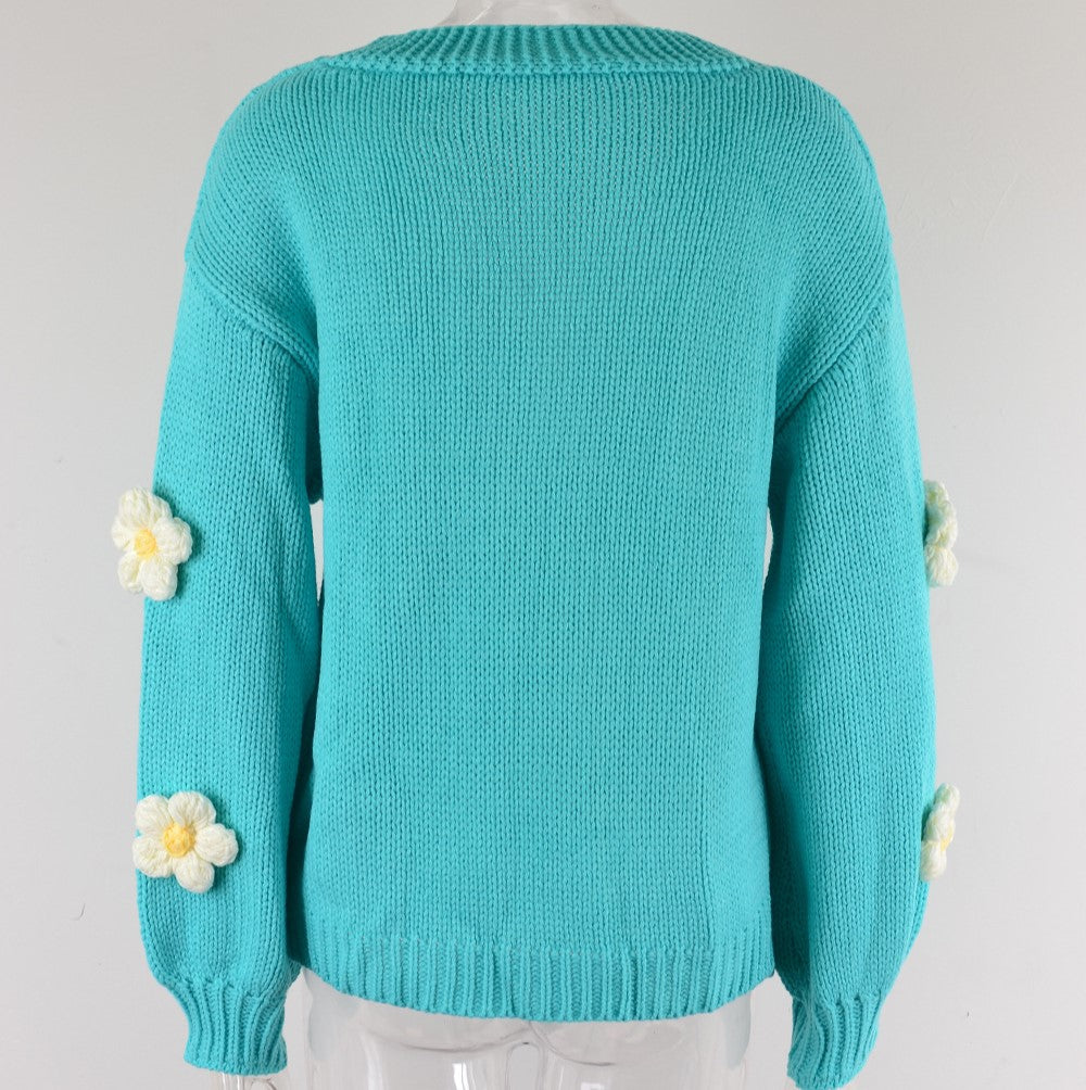 Crochet Flower Balloon Sleeve Open Cardigan - Blue - 3