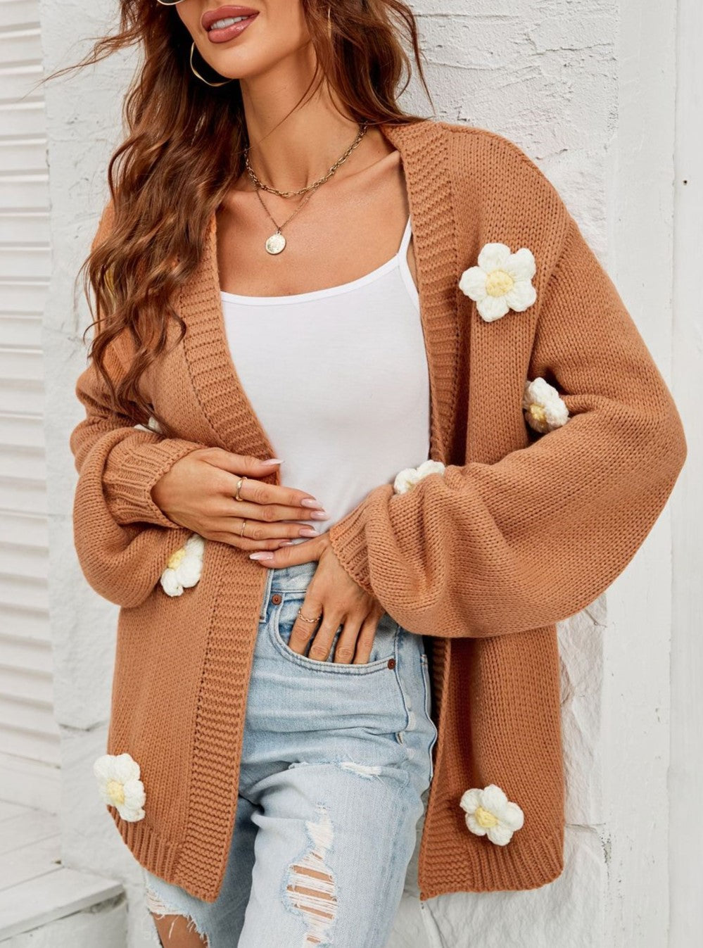 Crochet Flower Balloon Sleeve Open Cardigan - Camel
