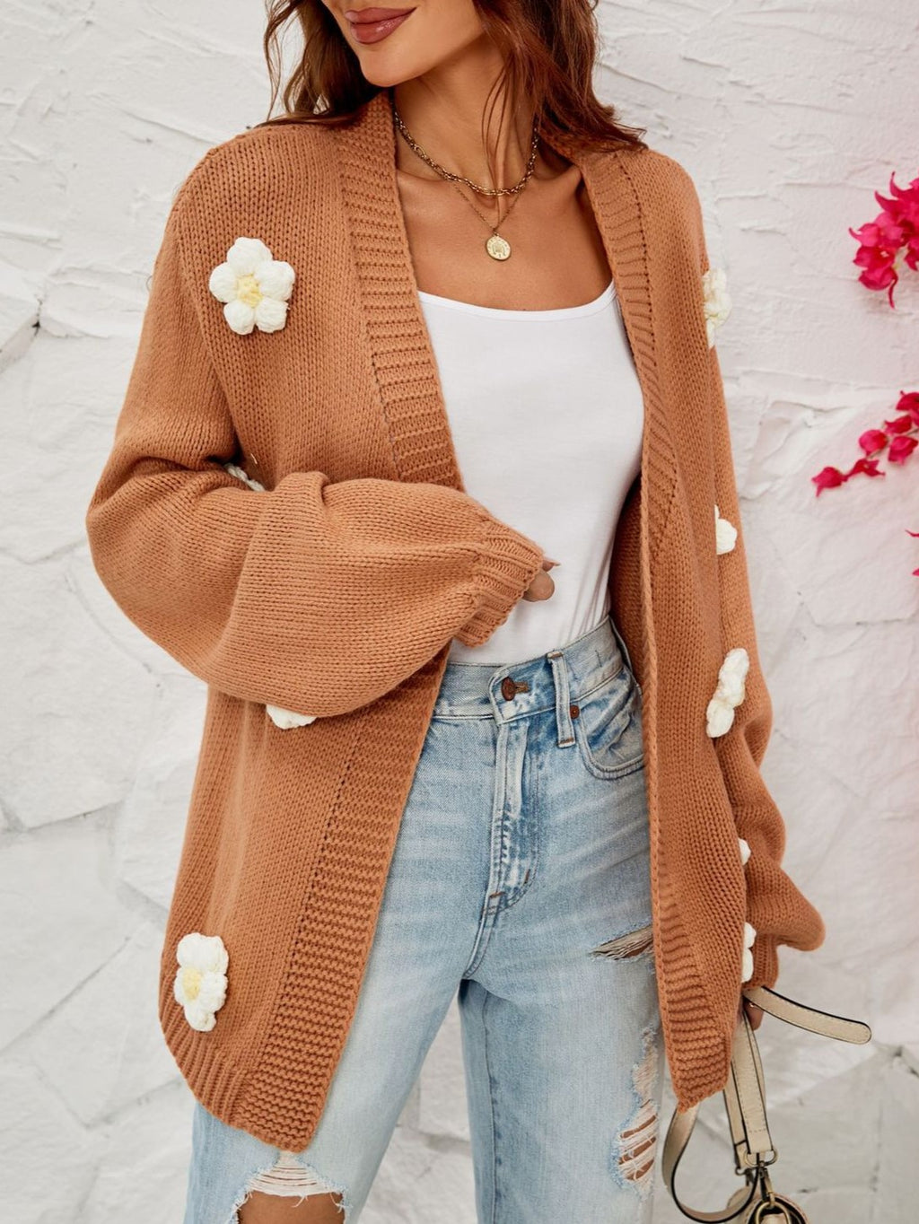 Crochet Flower Balloon Sleeve Open Cardigan - Camel - 1