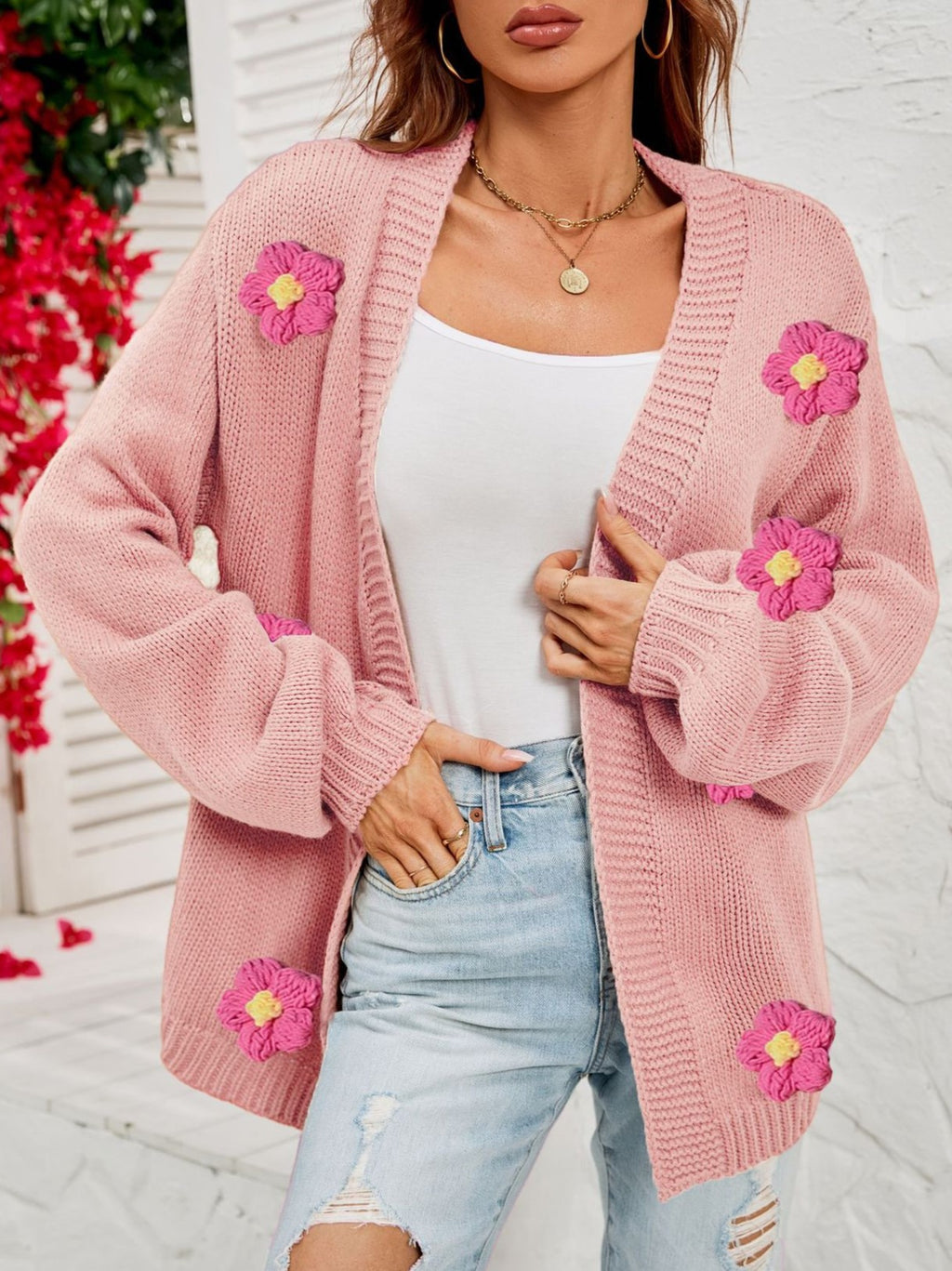 Crochet Flower Balloon Sleeve Open Cardigan - Pink