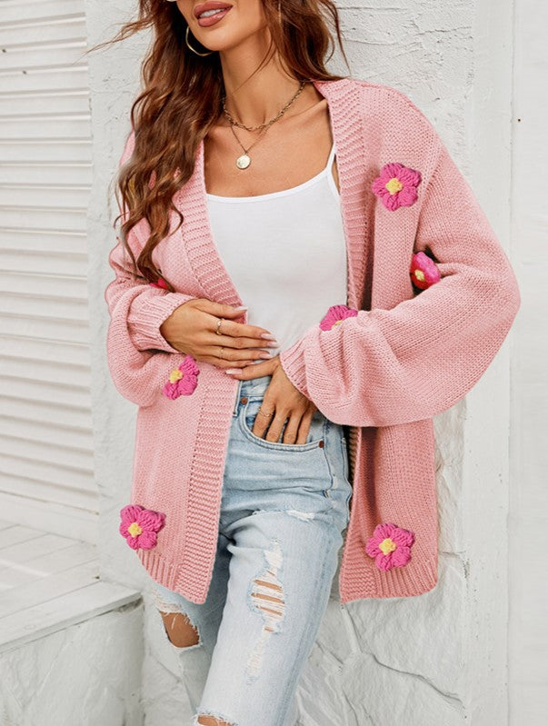Crochet Flower Balloon Sleeve Open Cardigan - Pink - 1