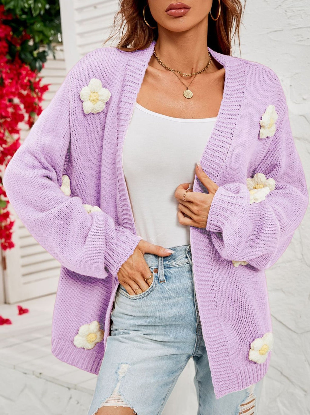 Crochet Flower Balloon Sleeve Open Cardigan - Purple