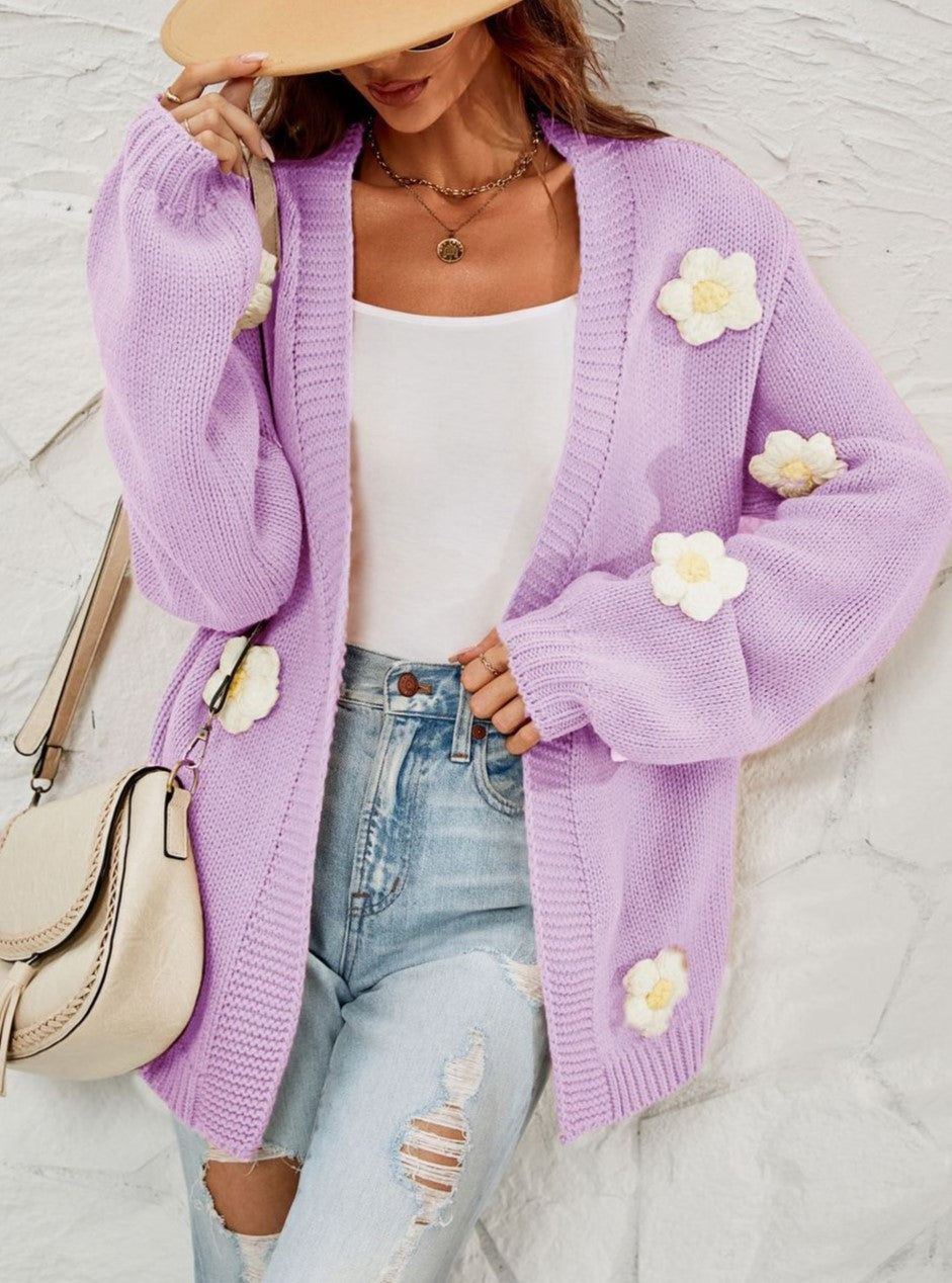 Crochet Flower Balloon Sleeve Open Cardigan - Purple - 1