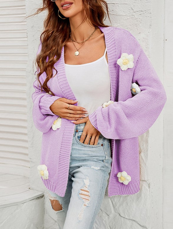 Crochet Flower Balloon Sleeve Open Cardigan - Purple - 2