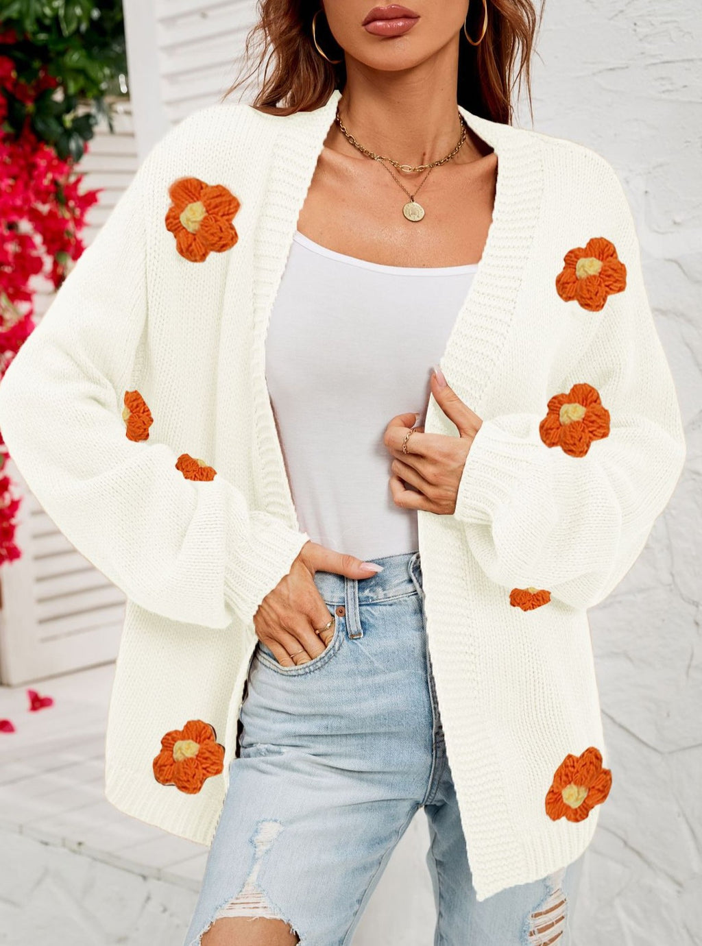 Crochet Flower Balloon Sleeve Open Cardigan - White