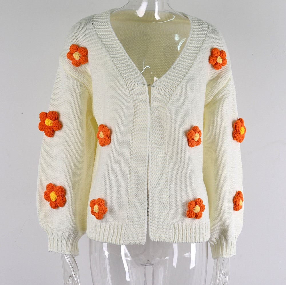Crochet Flower Balloon Sleeve Open Cardigan - White - 1