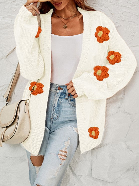 Crochet Flower Balloon Sleeve Open Cardigan - White - 2