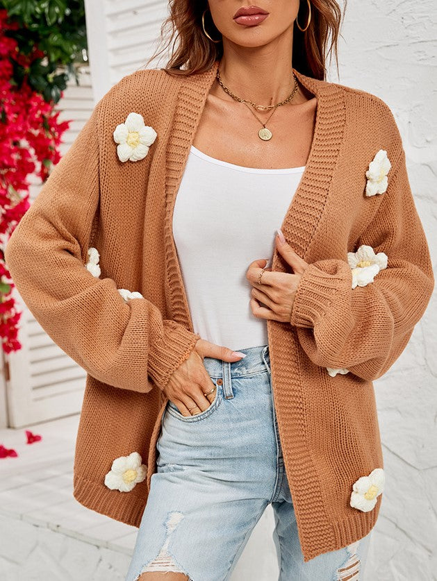 Crochet Flower Balloon Sleeve Open Cardigan