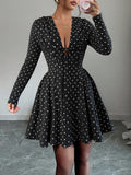 Polka Dot Plunge Neck Flared Mini Dress - Black