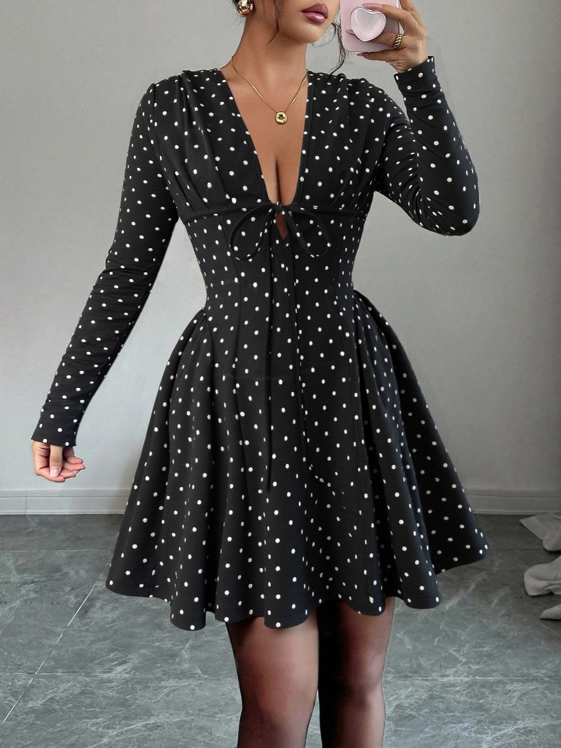 Polka Dot Plunge Neck Flared Mini Dress - Black