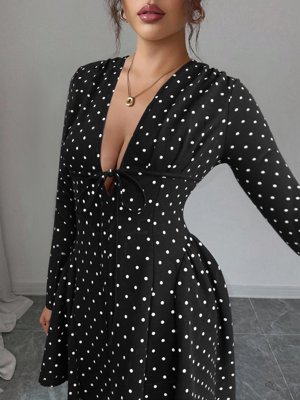 Polka Dot Plunge Neck Flared Mini Dress - Black - 1