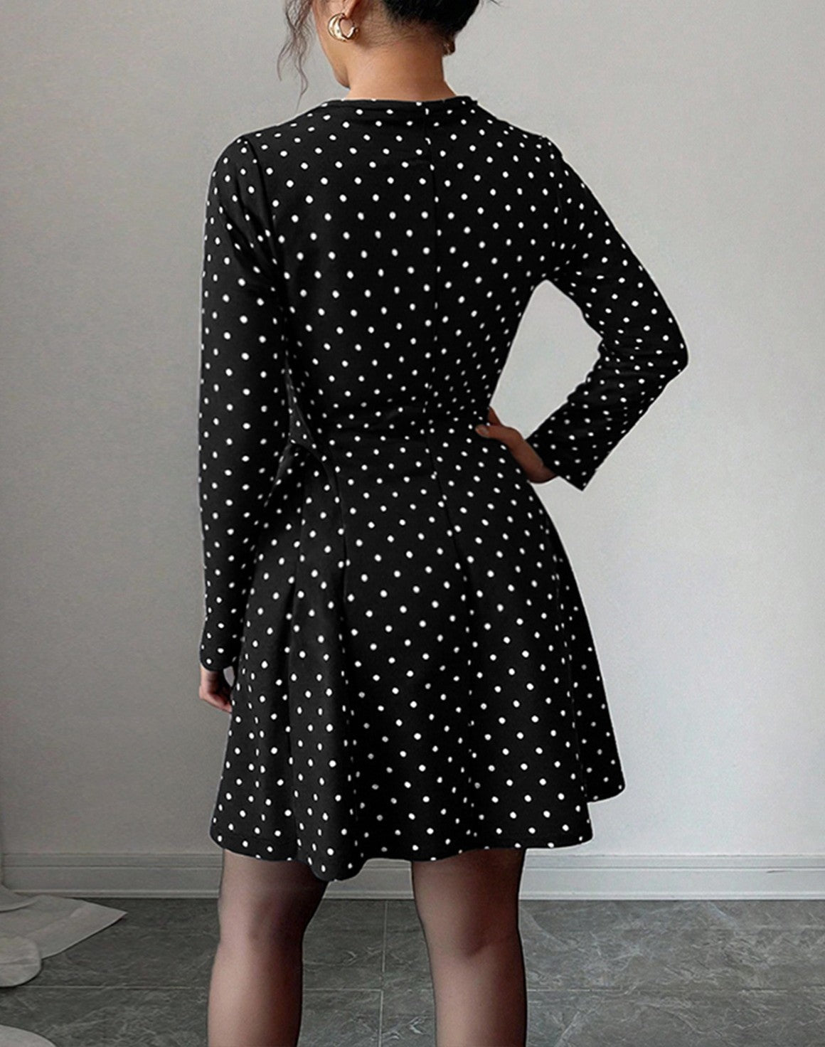 Polka Dot Plunge Neck Flared Mini Dress - Black - 2