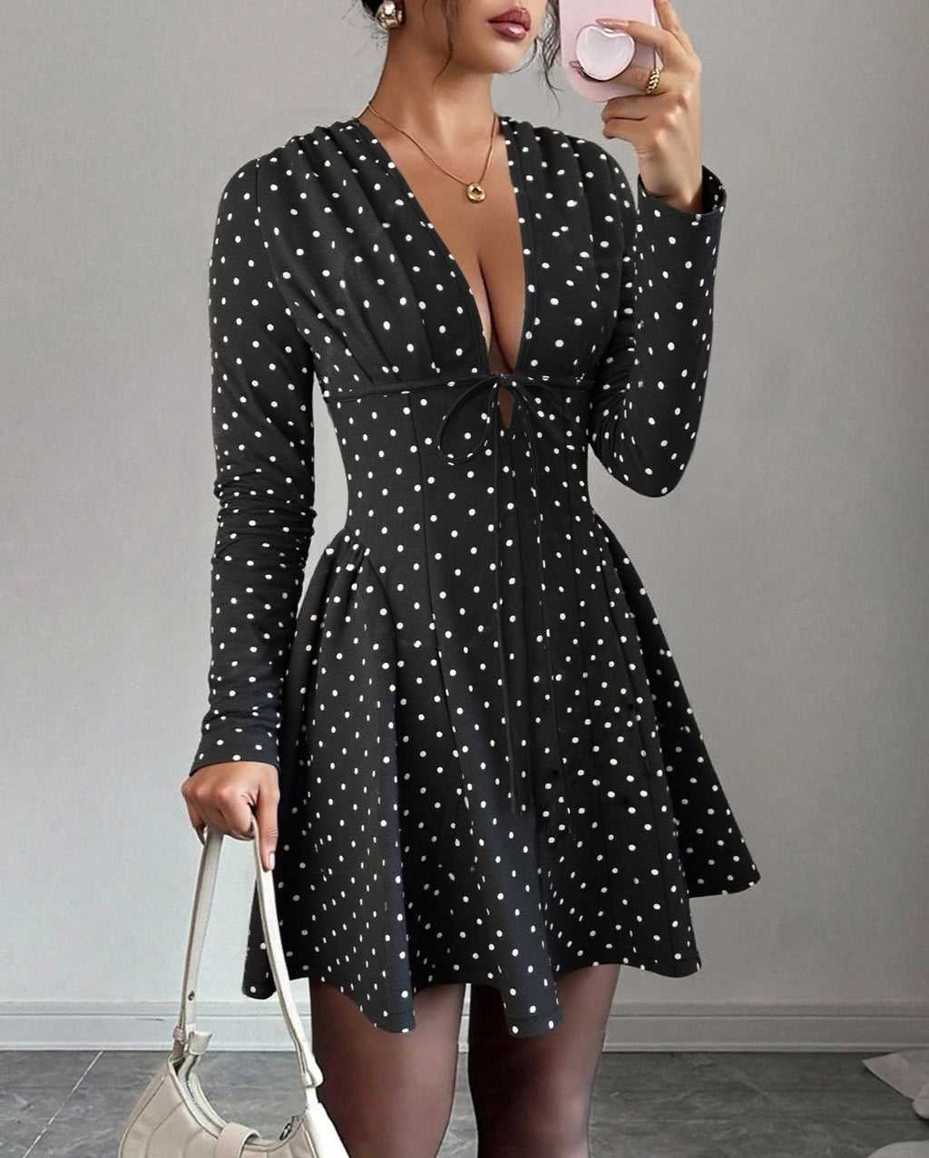 Polka Dot Plunge Neck Flared Mini Dress