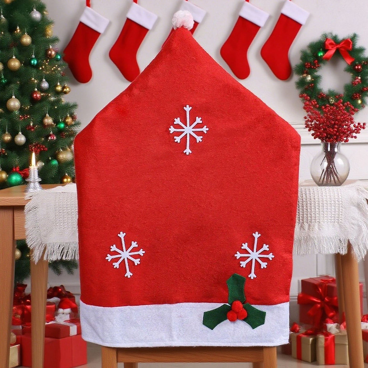 Santa Hat Christmas Chair Cover with Snowflakes - Red - 2