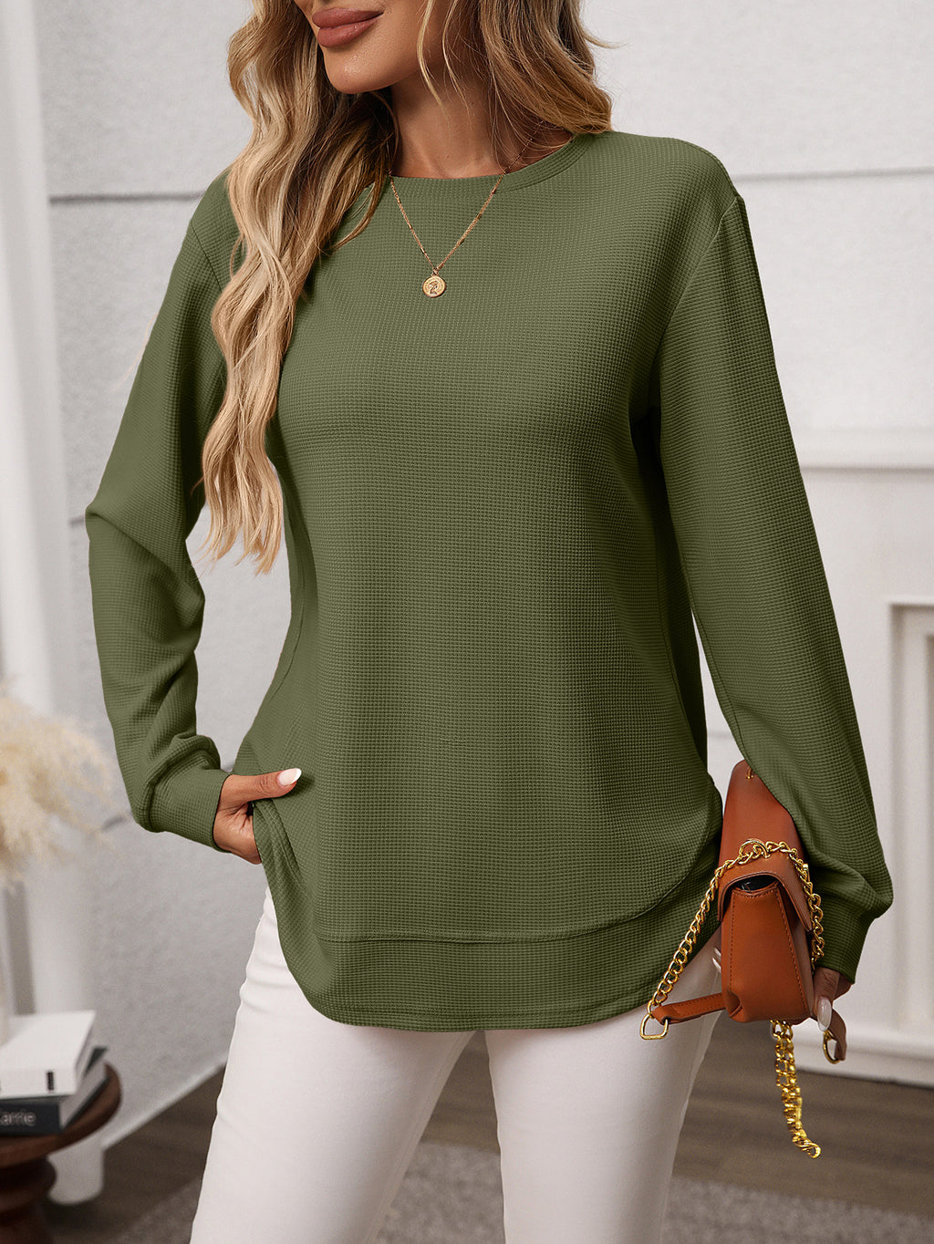 Waffle Knit Long Sleeve Tunic Top - Olive - 1