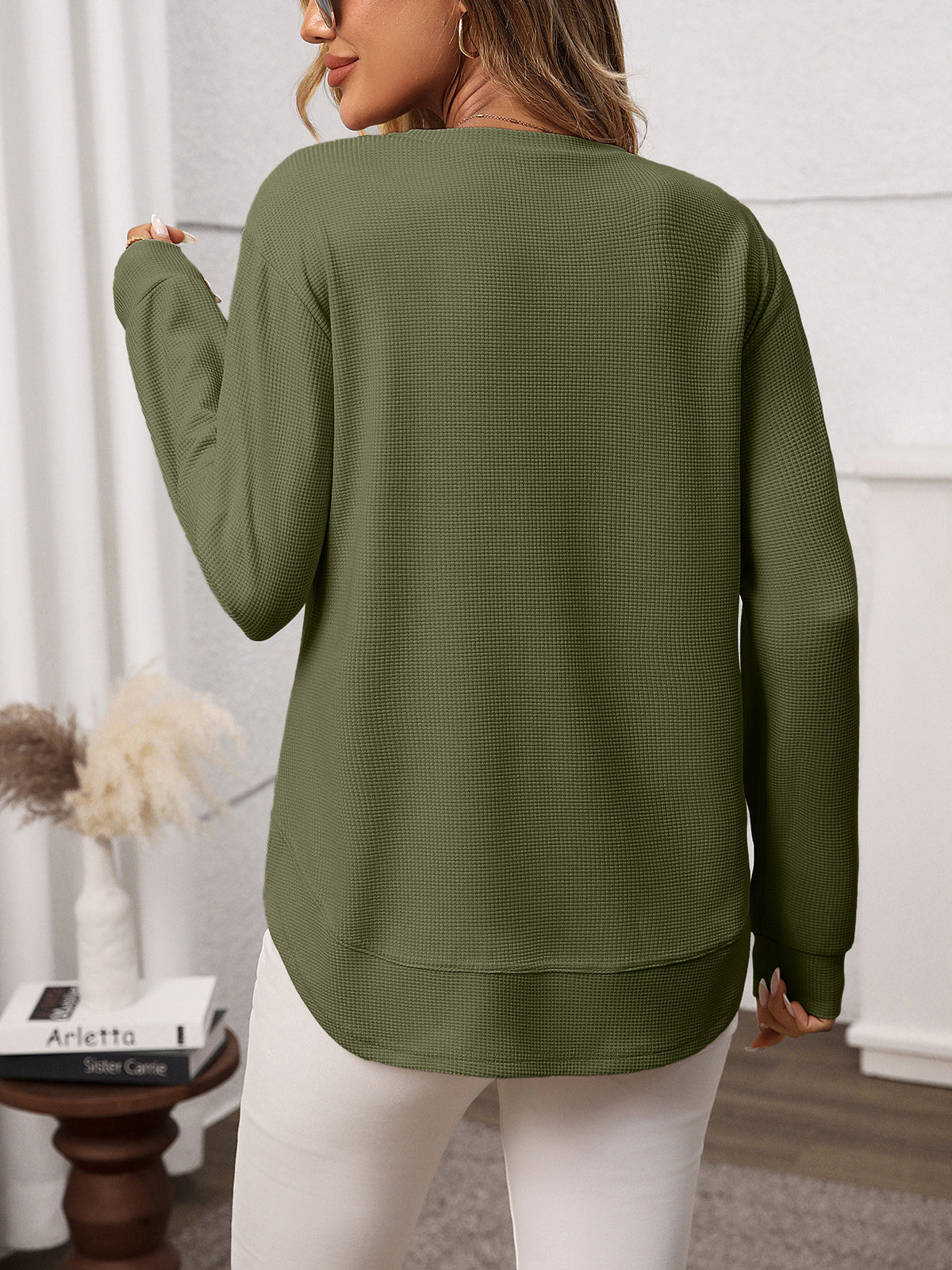 Waffle Knit Long Sleeve Tunic Top - Olive - 2