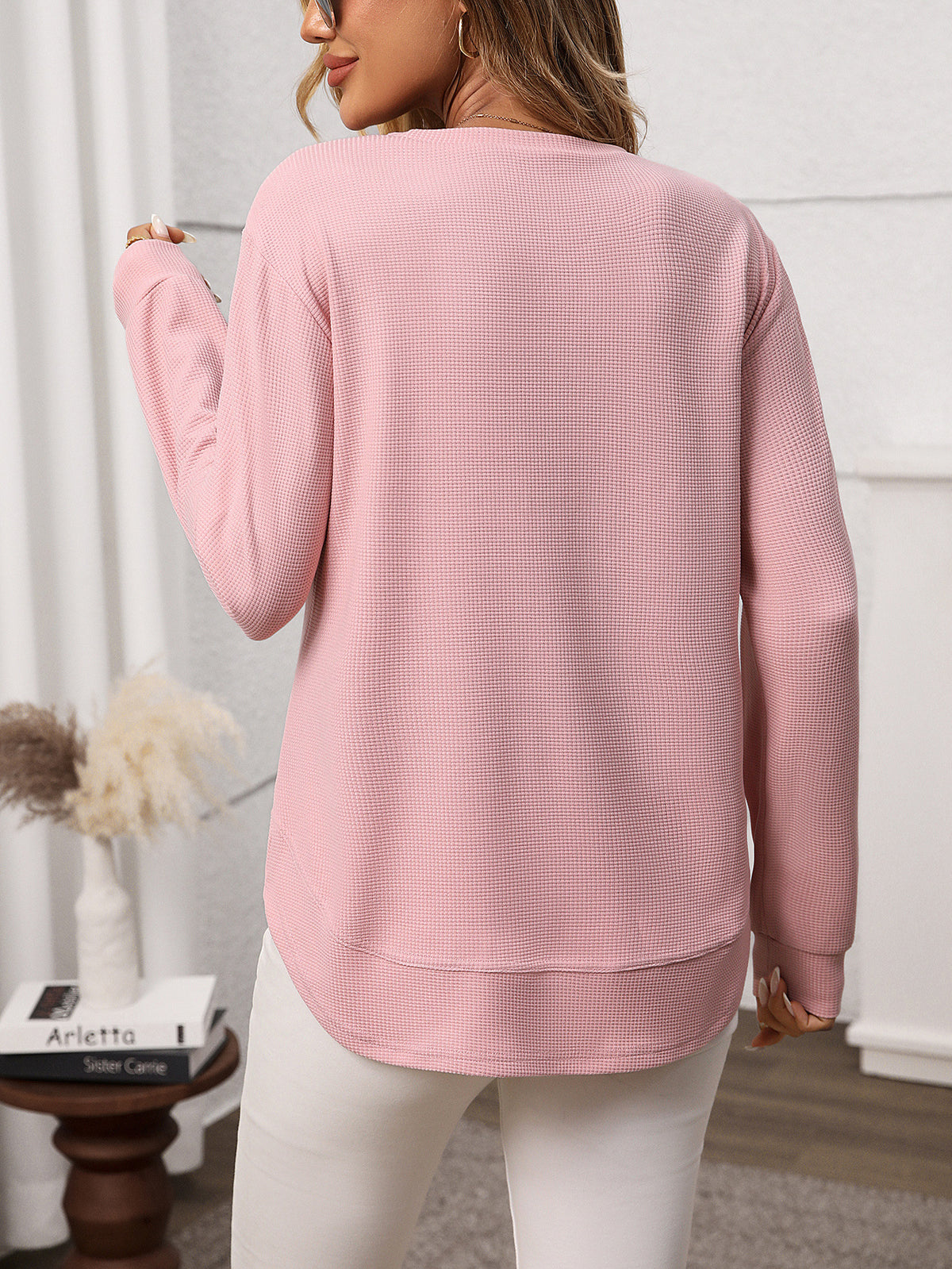 Waffle Knit Long Sleeve Tunic Top - Pink - 2