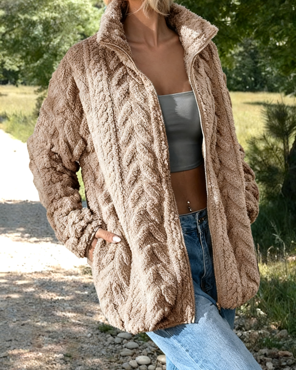 Chevron Plush Zip Up Jacket With Pockets - Beige - 1