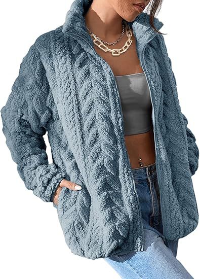 Chevron Plush Zip Up Jacket With Pockets - Blue