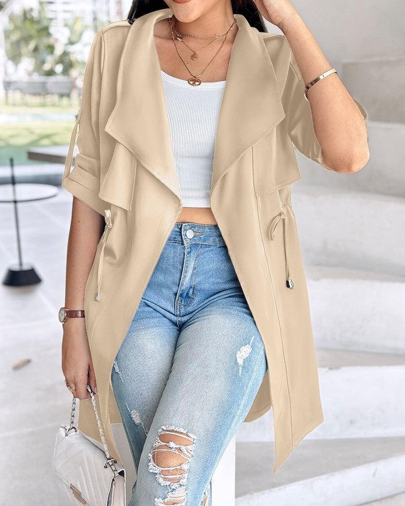 Khaki Waterfall Lapel Drawstring Waist Trench Coat