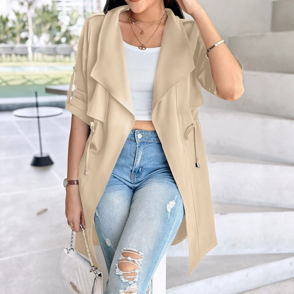 Khaki Waterfall Lapel Drawstring Waist Trench Coat
