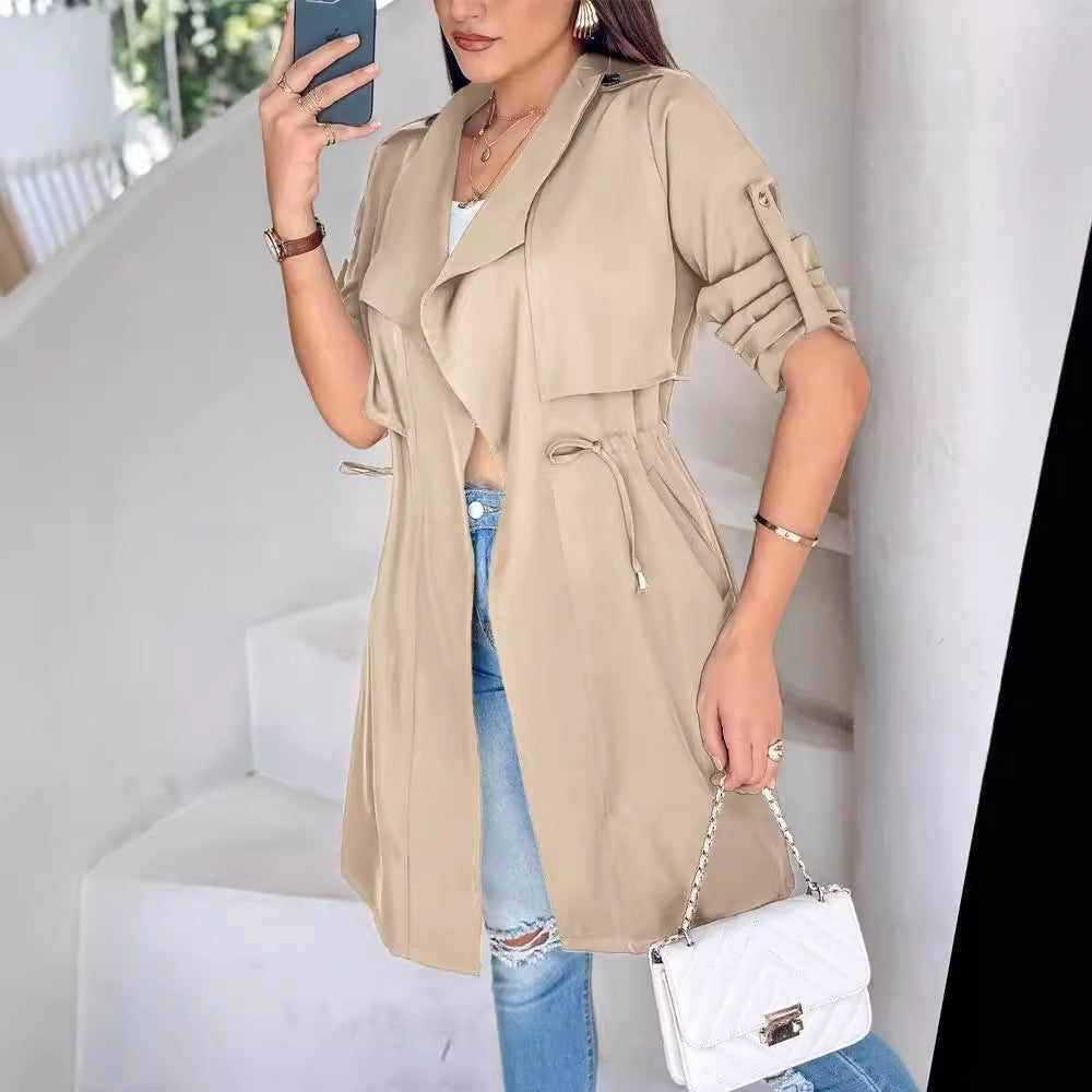 Khaki Waterfall Lapel Drawstring Waist Trench Coat