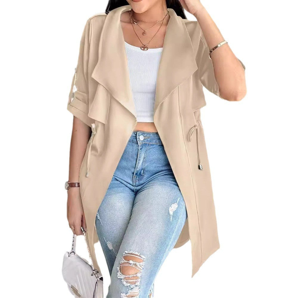Khaki Waterfall Lapel Drawstring Waist Trench Coat