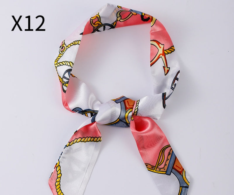 Vintage Print Skinny Twilly Bag Scarf - X12