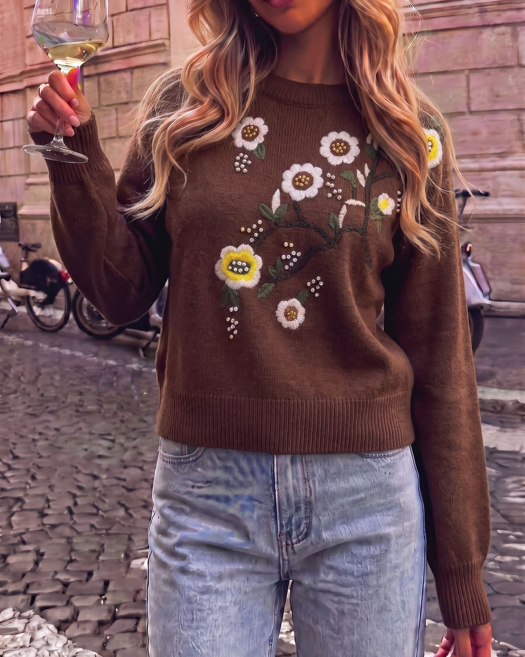 Blossom Branch Embroidered Crew Neck Sweater - Chocolate