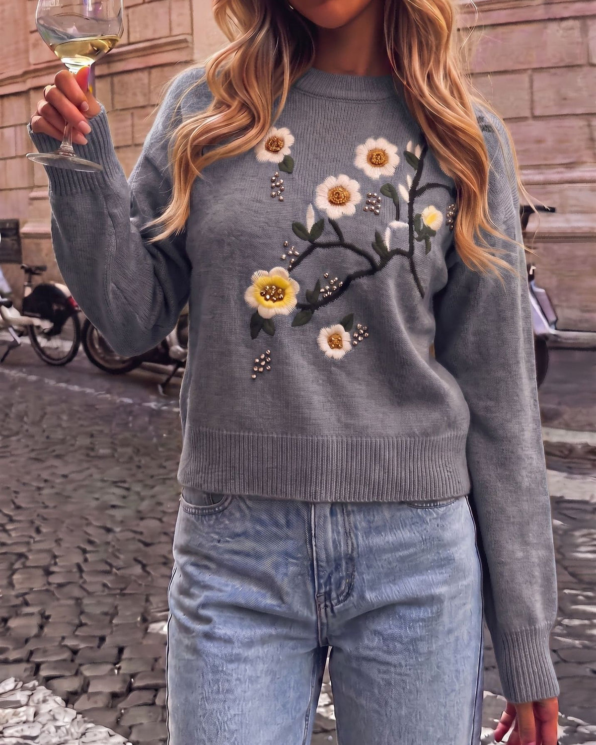 Blossom Branch Embroidered Crew Neck Sweater - Gray
