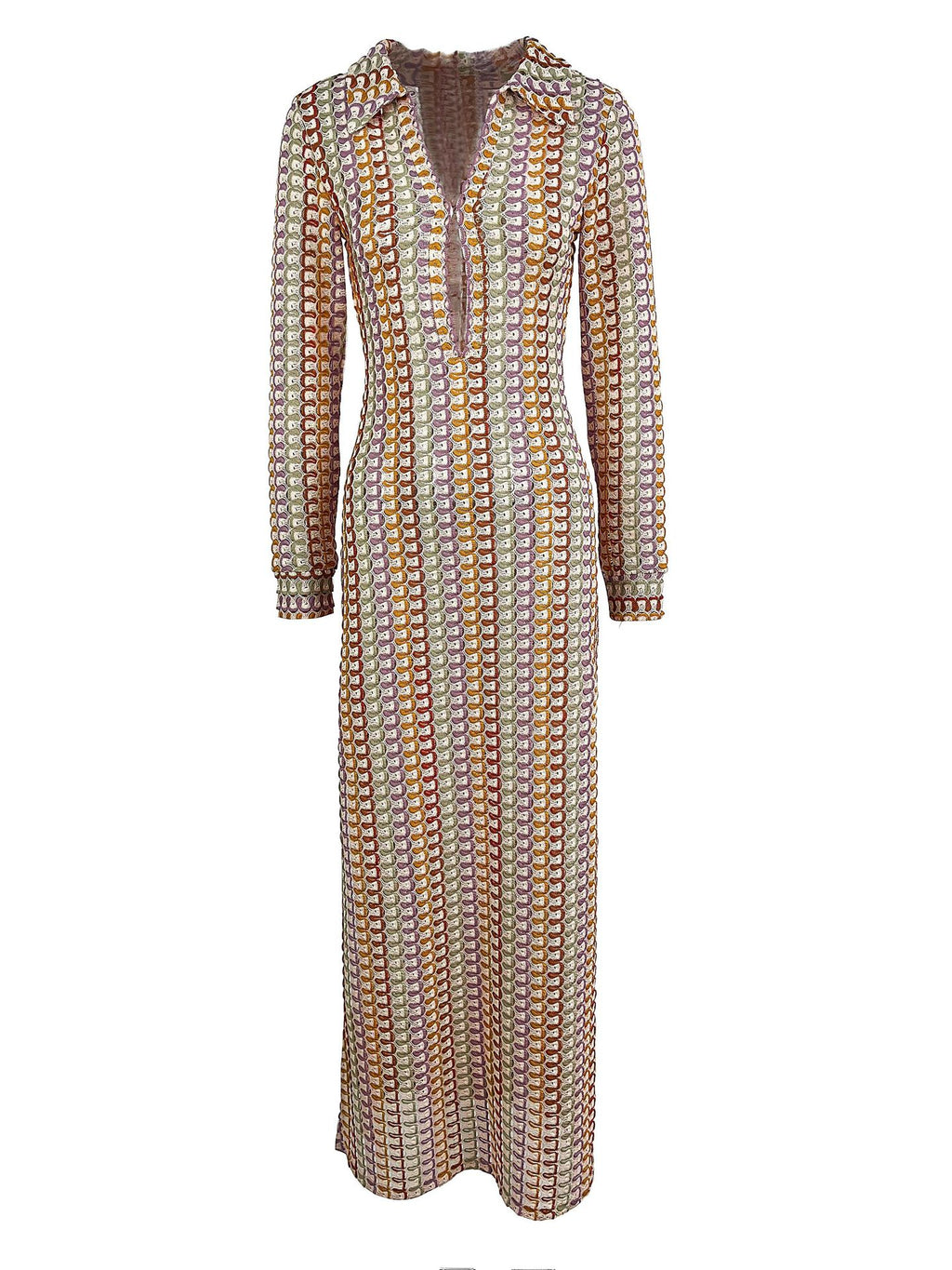 Collared Crochet Knit Slit Maxi Dress - Brown