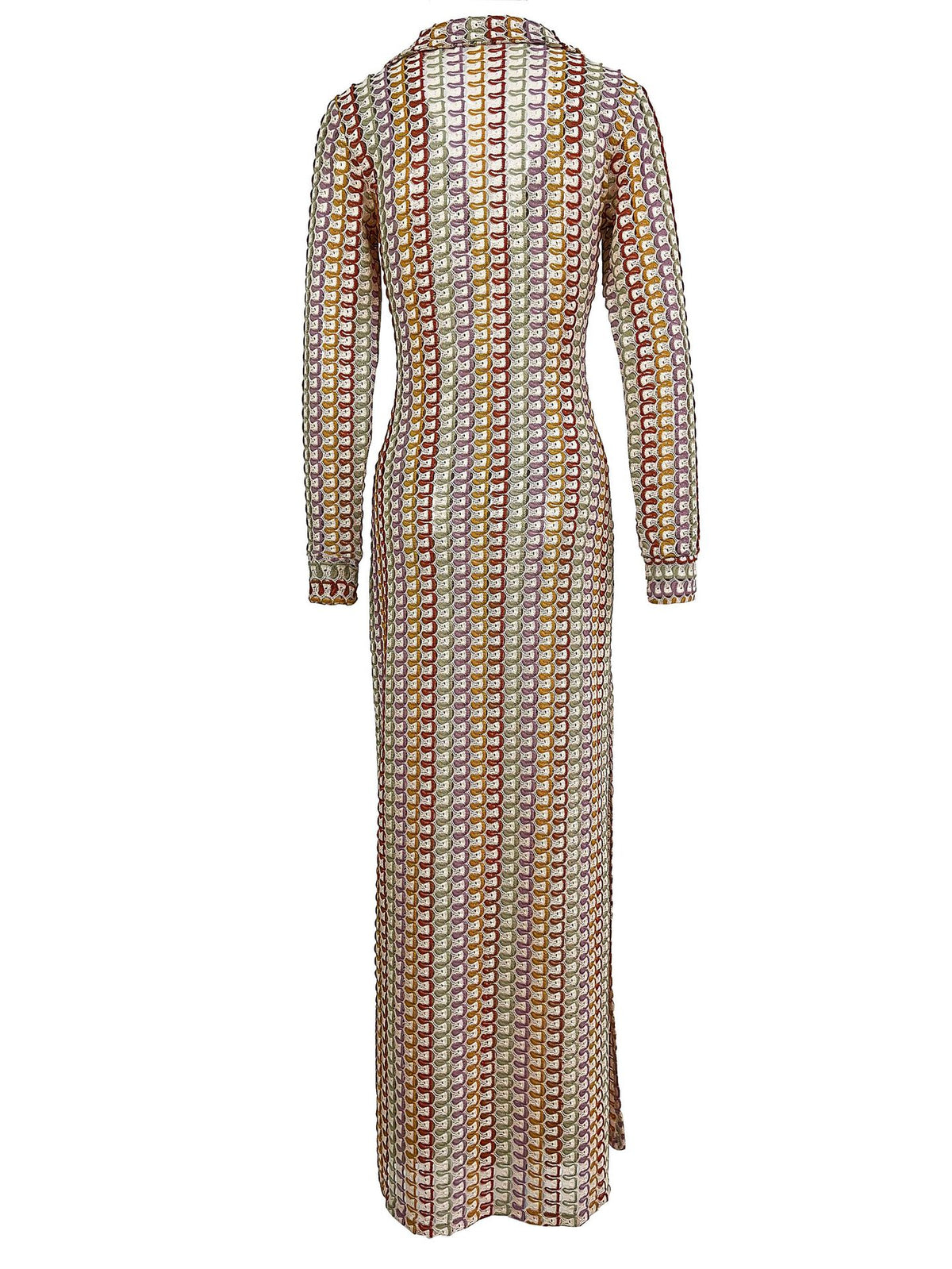 Collared Crochet Knit Slit Maxi Dress - Brown - 1