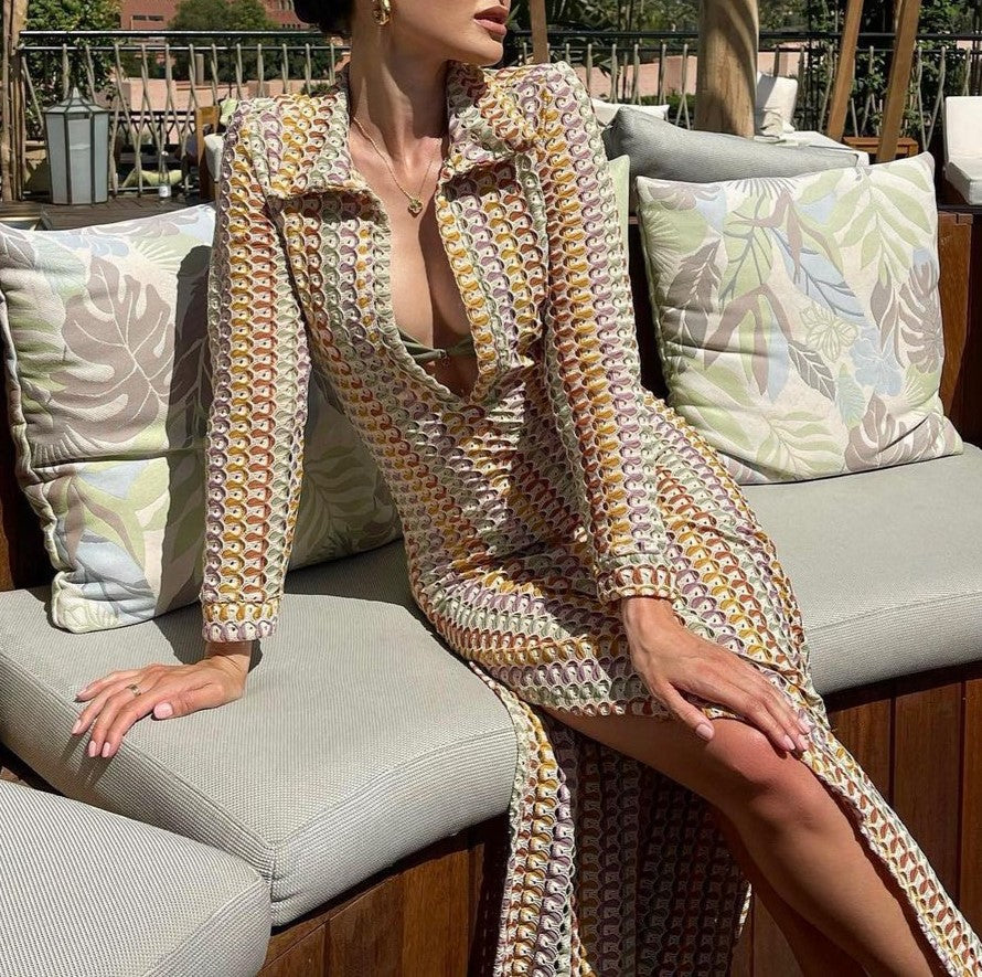Collared Crochet Knit Slit Maxi Dress - Brown - 7
