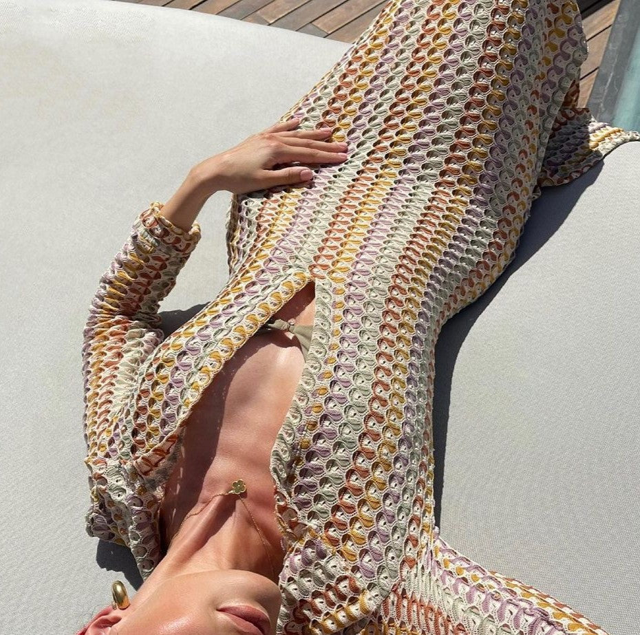 Collared Crochet Knit Slit Maxi Dress - Brown - 8
