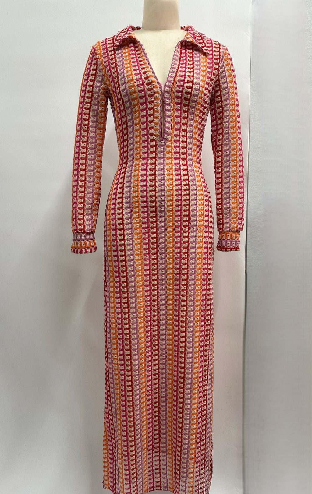 Collared Crochet Knit Slit Maxi Dress - Red