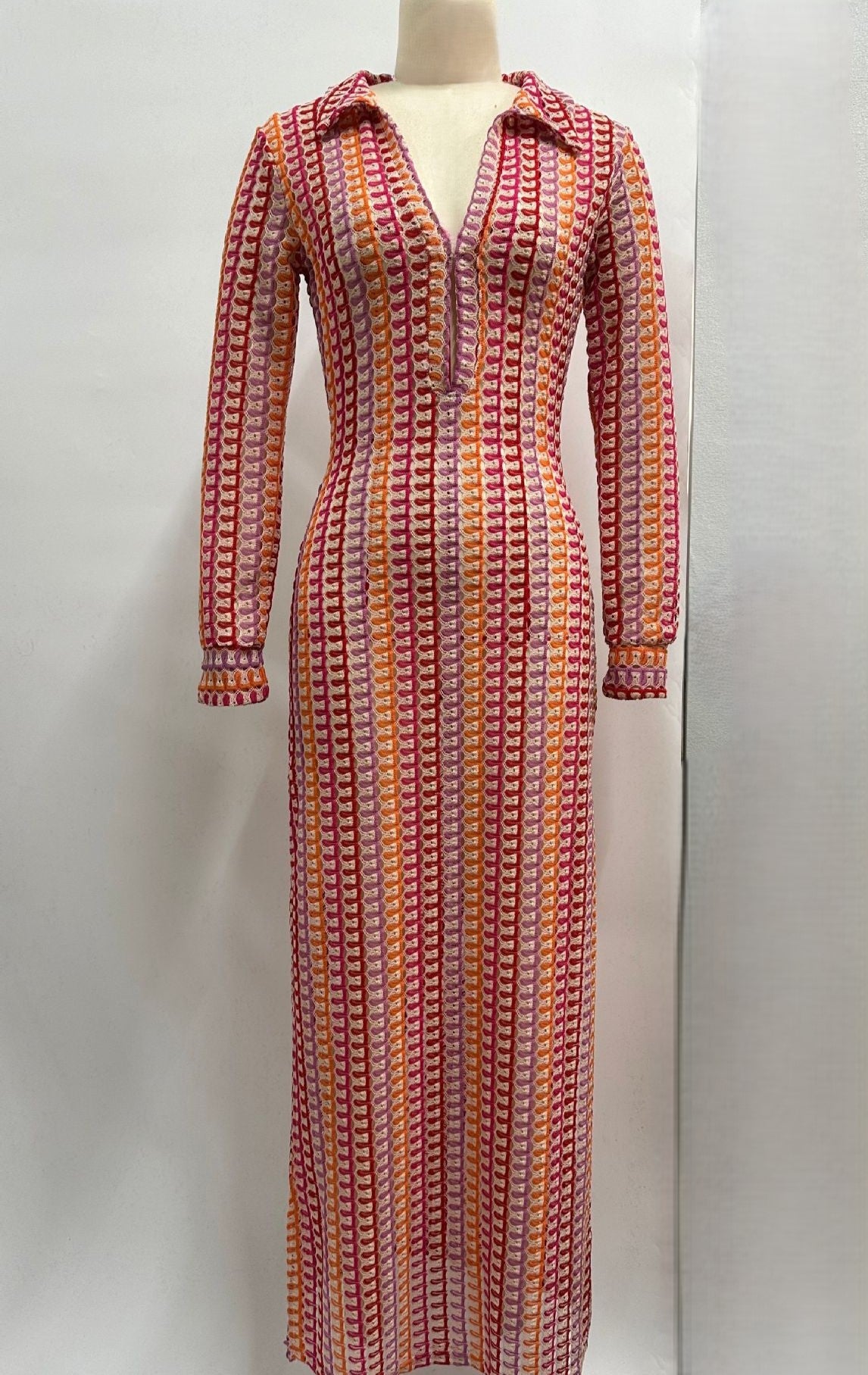 Collared Crochet Knit Slit Maxi Dress - Red