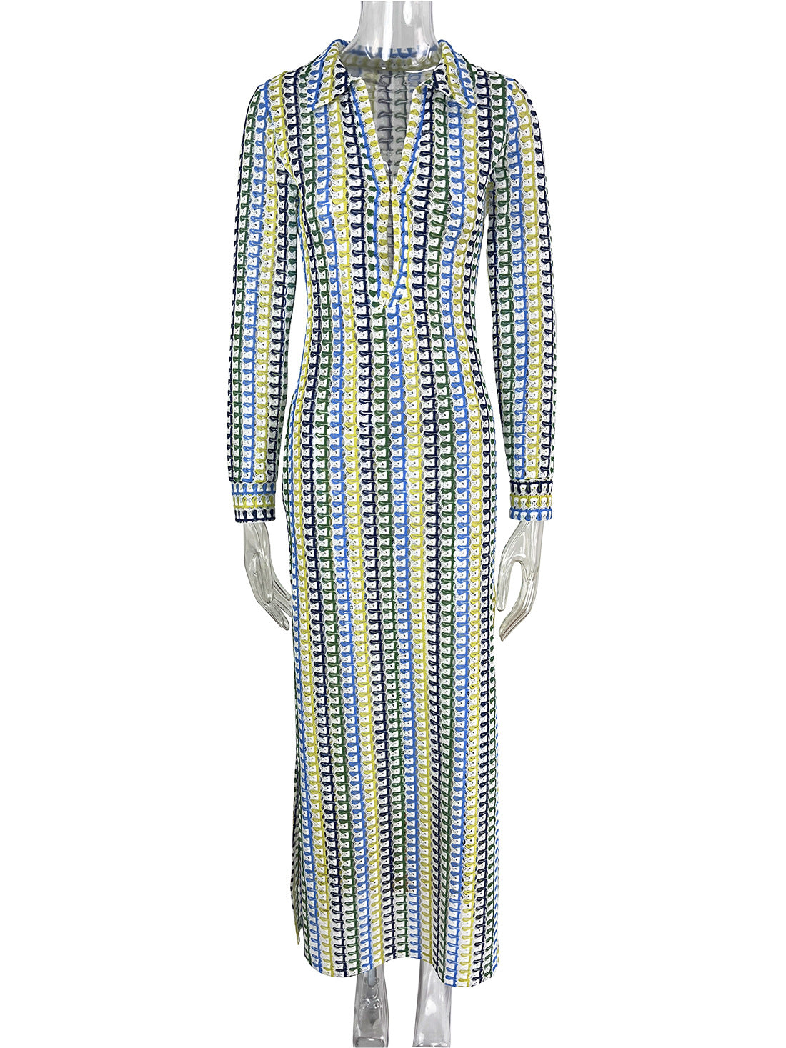 Collared Crochet Knit Slit Maxi Dress - Yellow
