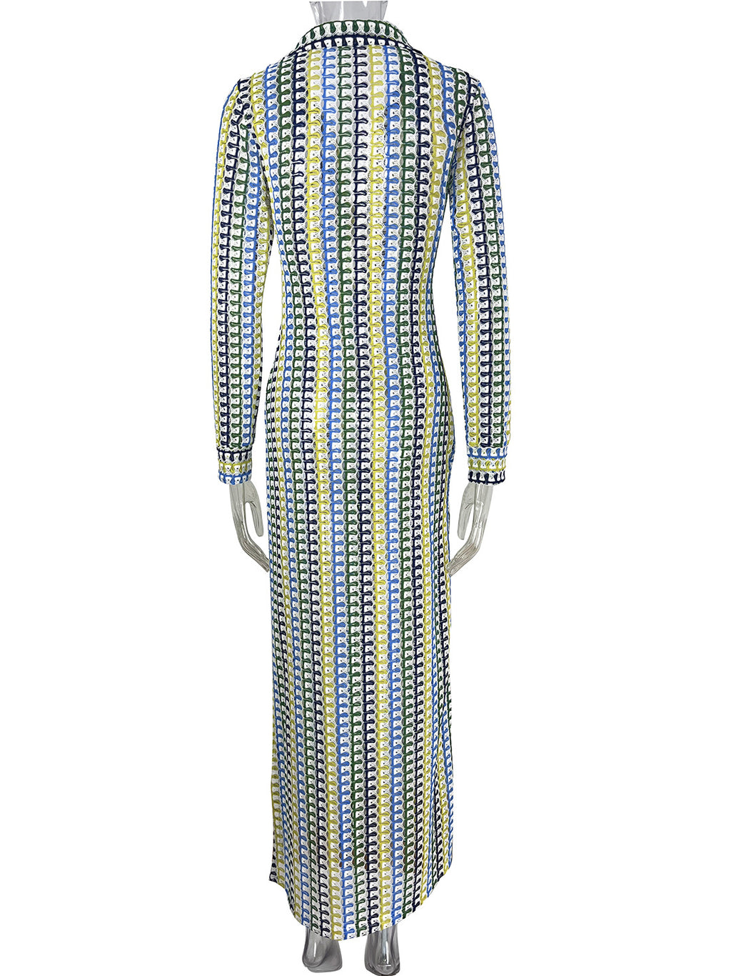 Collared Crochet Knit Slit Maxi Dress - Yellow - 1