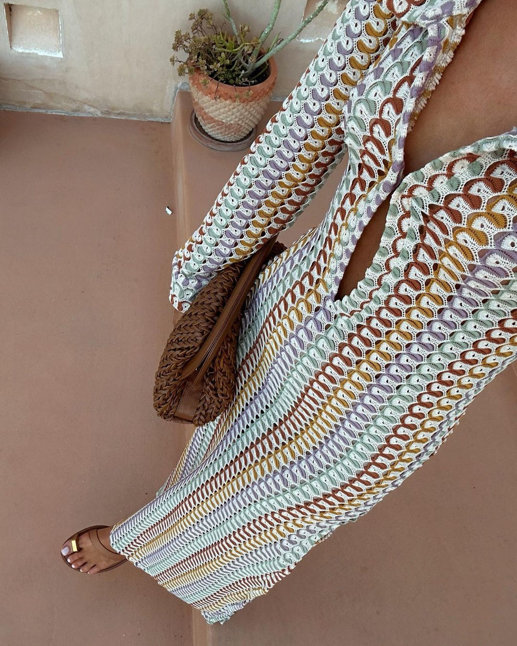 Collared Crochet Knit Slit Maxi Dress - Yellow - 2