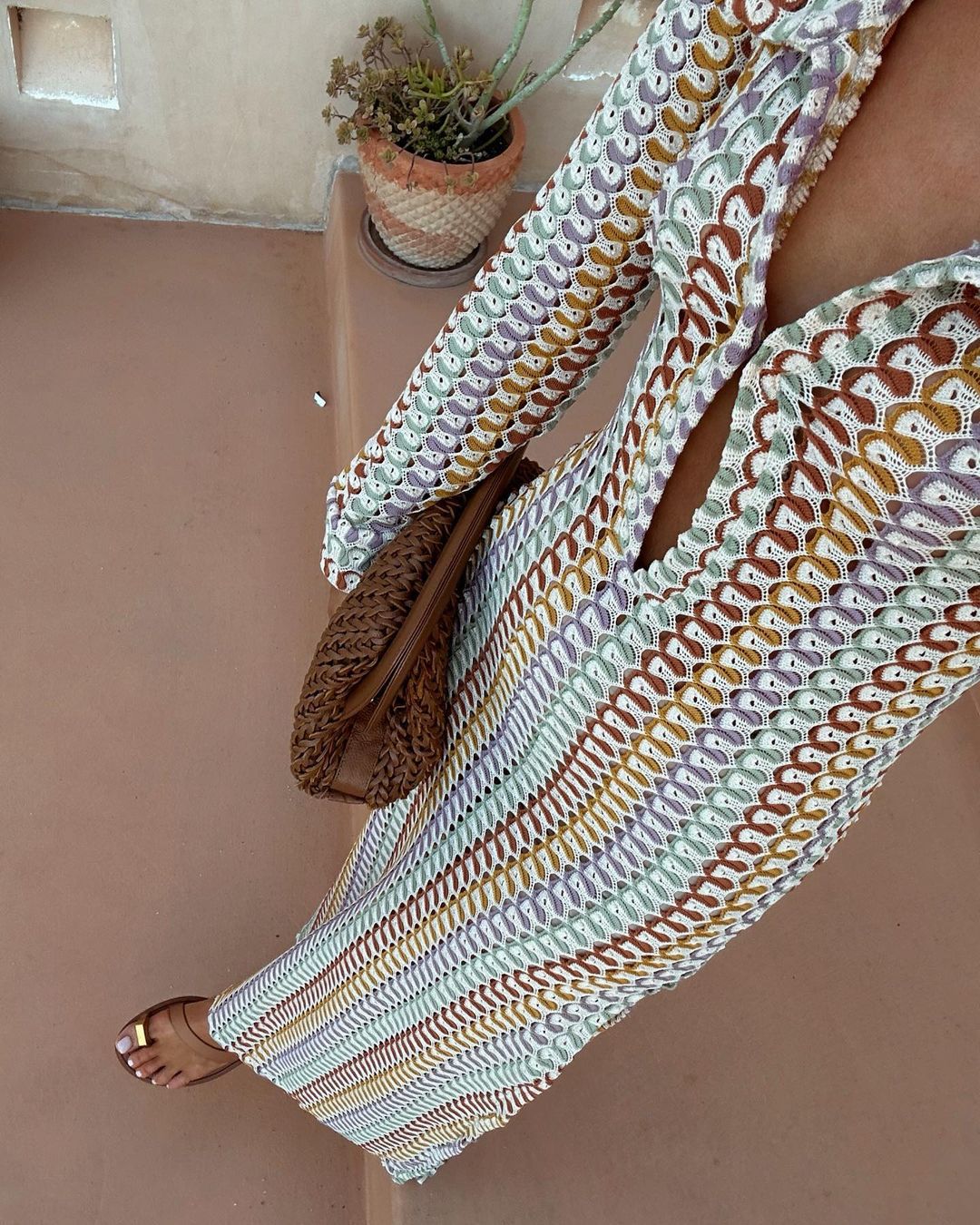 Collared Crochet Knit Slit Maxi Dress - Yellow - 2