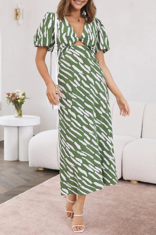 Abstract Print Puff Sleeve Twist Midi Dress - Green