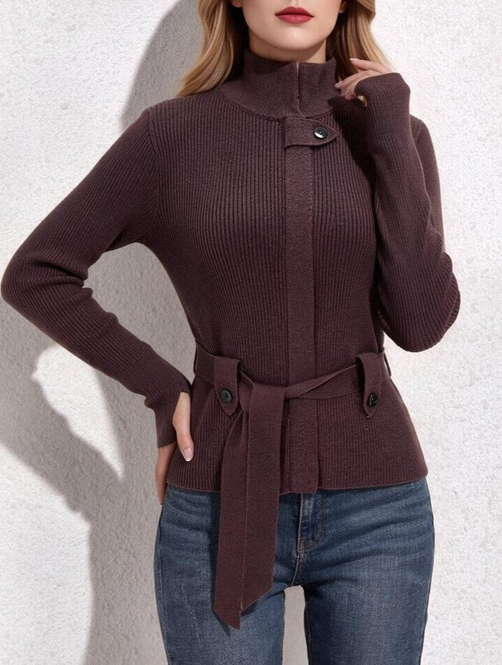 Wine Red Ribbed Knit Mock Neck Tie Waist Sweater - WineRed