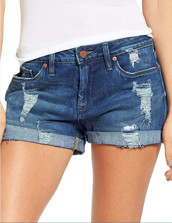 Ripped Roll Cuff Mid Rise Denim Shorts - DarkBlue