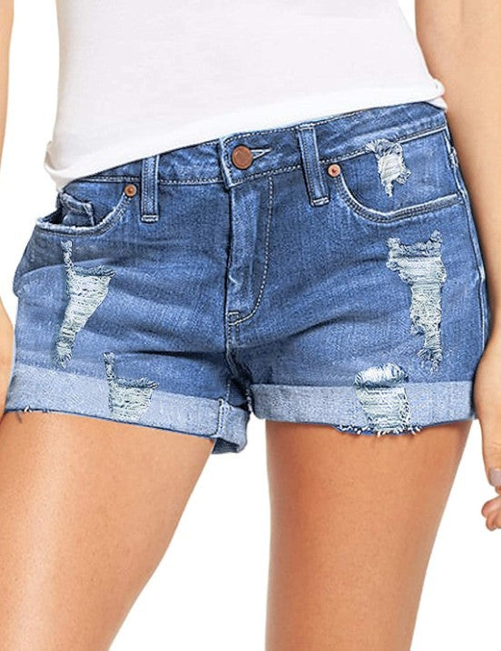 Ripped Roll Cuff Mid Rise Denim Shorts - LightBlue