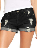 Ripped Roll Cuff Mid Rise Denim Shorts - black